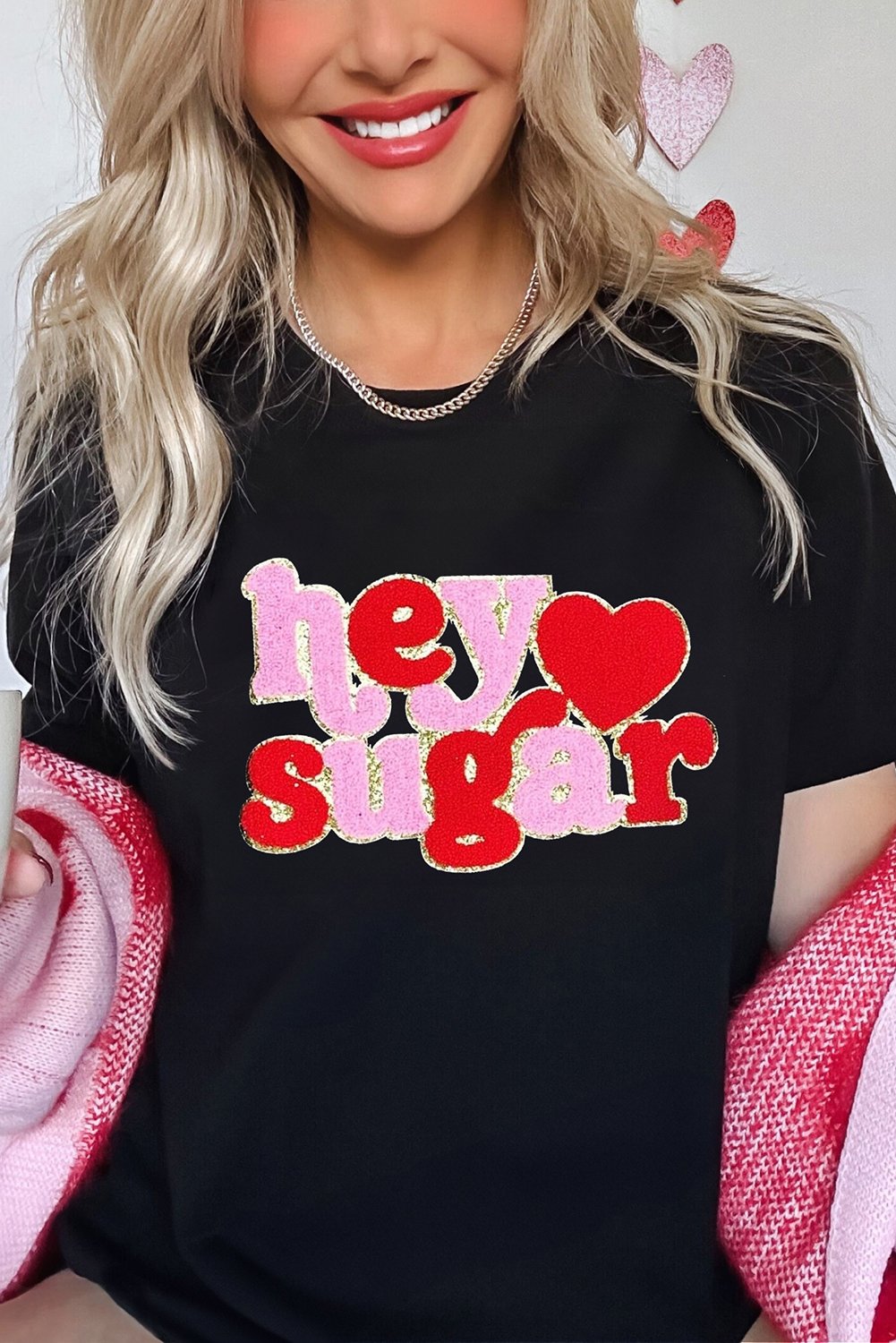 Black Chenille Heart hey sugar Patched Crewneck Valentines Tee - Image 2