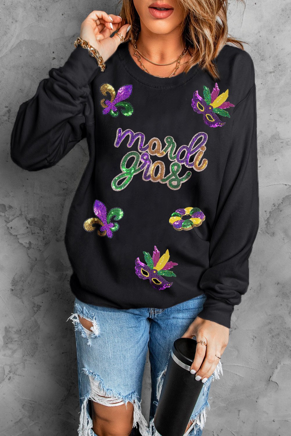 Black Sequin mardi gras Fleur de Lis Graphic Pullover Sweatshirt - Image 3