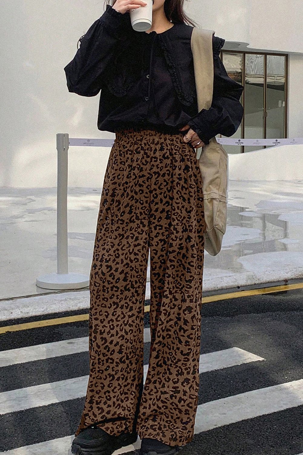 Dark Brown Leopard Print Elastic High Waist Loose Corduroy Pants - Image 3