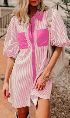 Rose Stripe Color Block Patchwork Shirt Collar Button Down Puff Sleeve Mini Dress