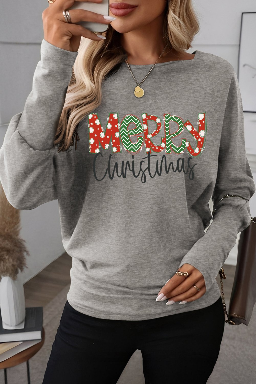 Light Grey Merry Christmas Graphic Extended Cuffs Dolman Long Sleeve Top - Image 4