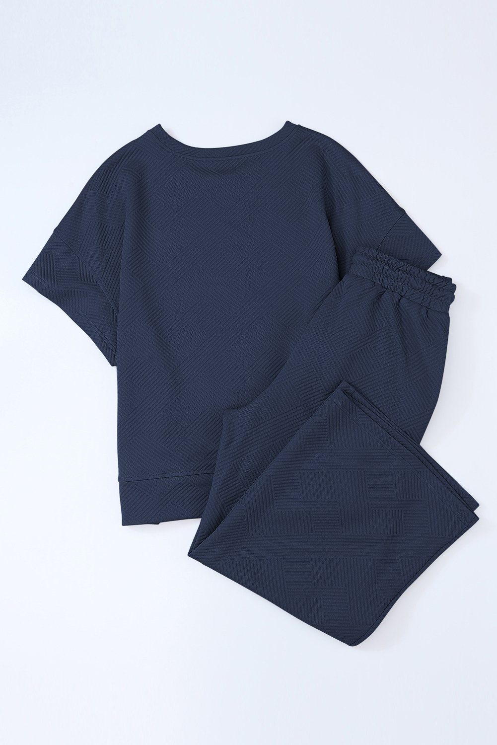 Navy Blue Textured Loose Fit T Shirt and Drawstring Pants Set - Image 7