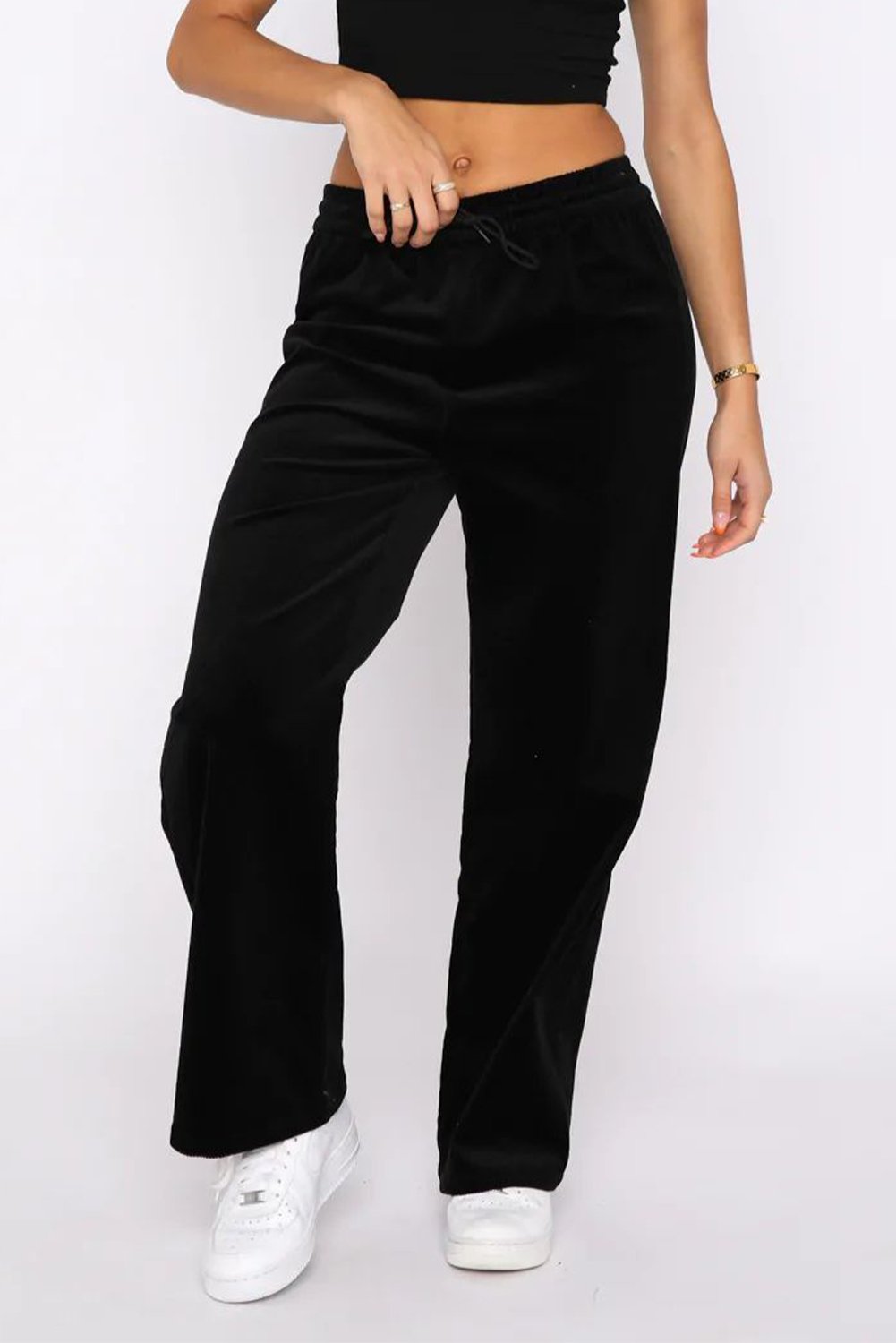 Black Solid Drawstring Waist Wide Leg Pants - Image 7