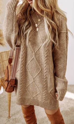 Parchment Cable Knit Drop Shoulder Loose Fit Sweater Dress