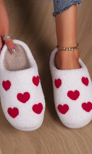 White Valentines Day Hearts Print Plush House Slippers