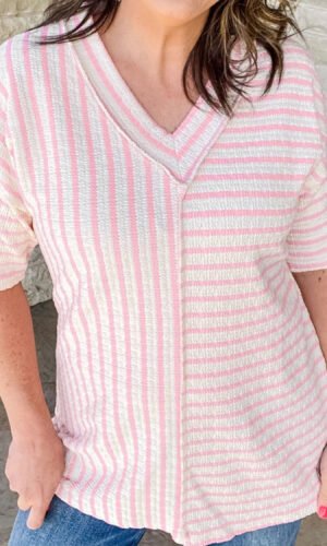 Pink Stripe Plus Size V Neck Exposed Seam Patchwork T Shirt
