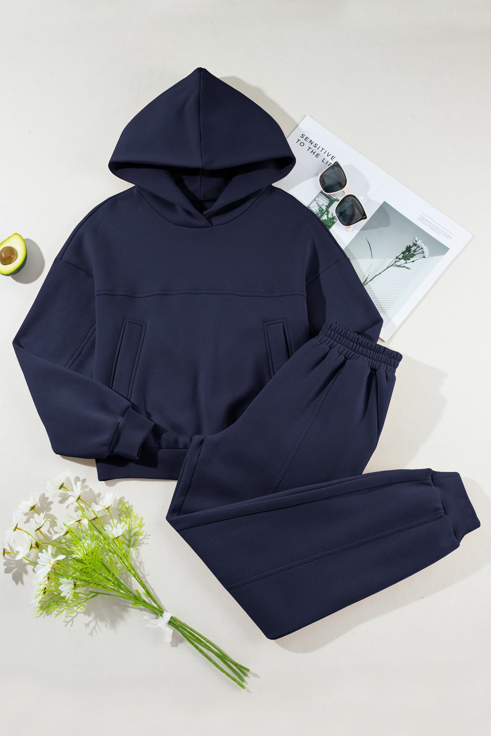 Navy Blue Solid Exposed Seams Hoodie and Joggers Activewear Set - Image 5