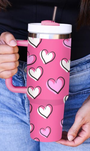 Rose Red Valentines Heart Printed Thermos Cup with Handle 40oz
