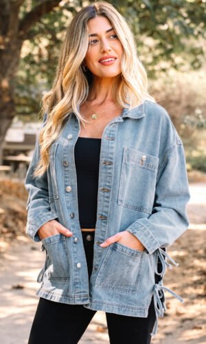 Beau Blue Multi Patched Pockets Side Tie up Boyfriend Style Denim Jacket