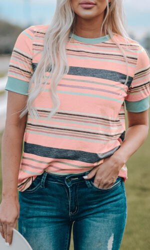 Pink Multicolor Stripes Crew Neck T Shirt