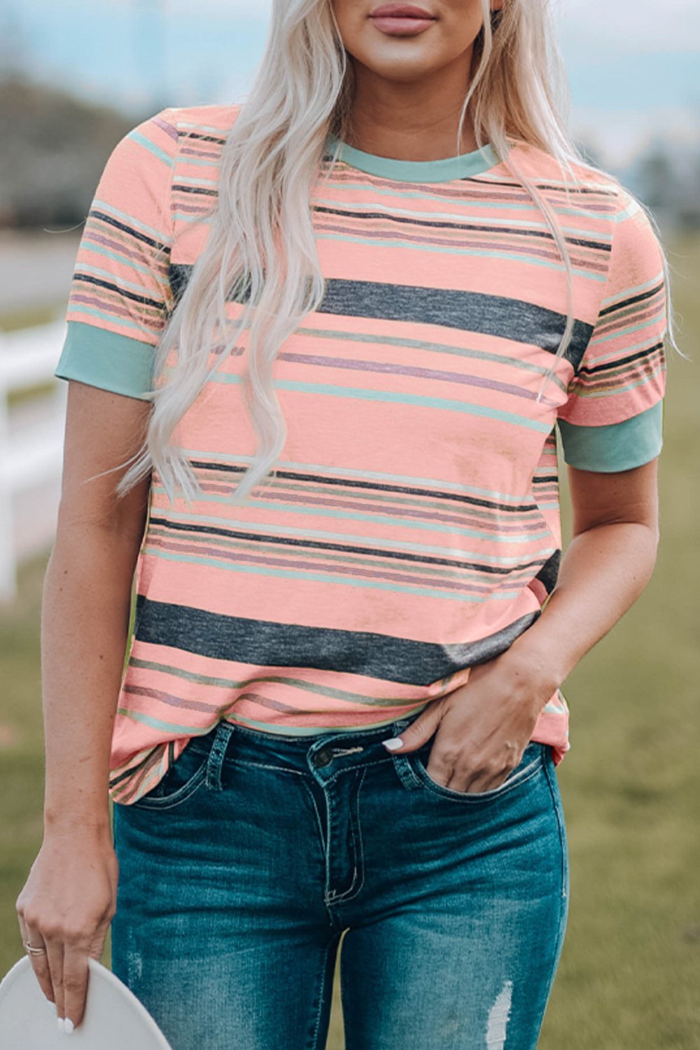 Pink Multicolor Stripes Crew Neck T Shirt