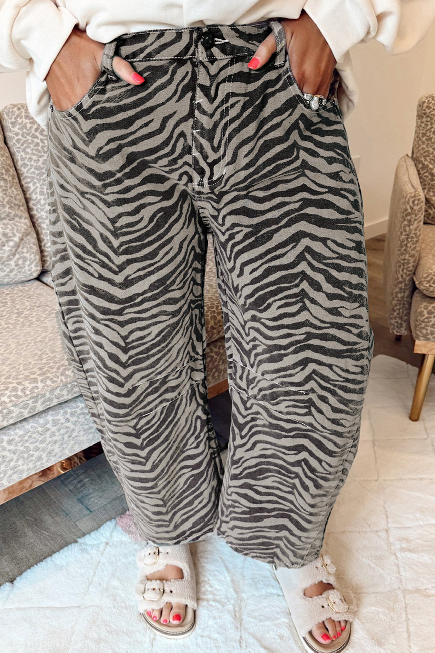 Gray Zebra Stripe Printed Wide Leg Jeans - Image 8