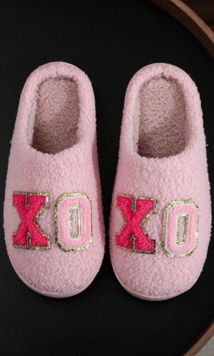 Pink XO XO Glitter Trim Letter Patched Plush House Slippers