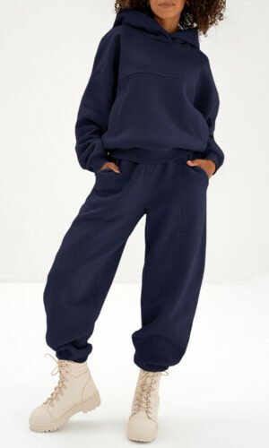Navy Blue Solid Exposed Seams Hoodie and Joggers Activewear Set