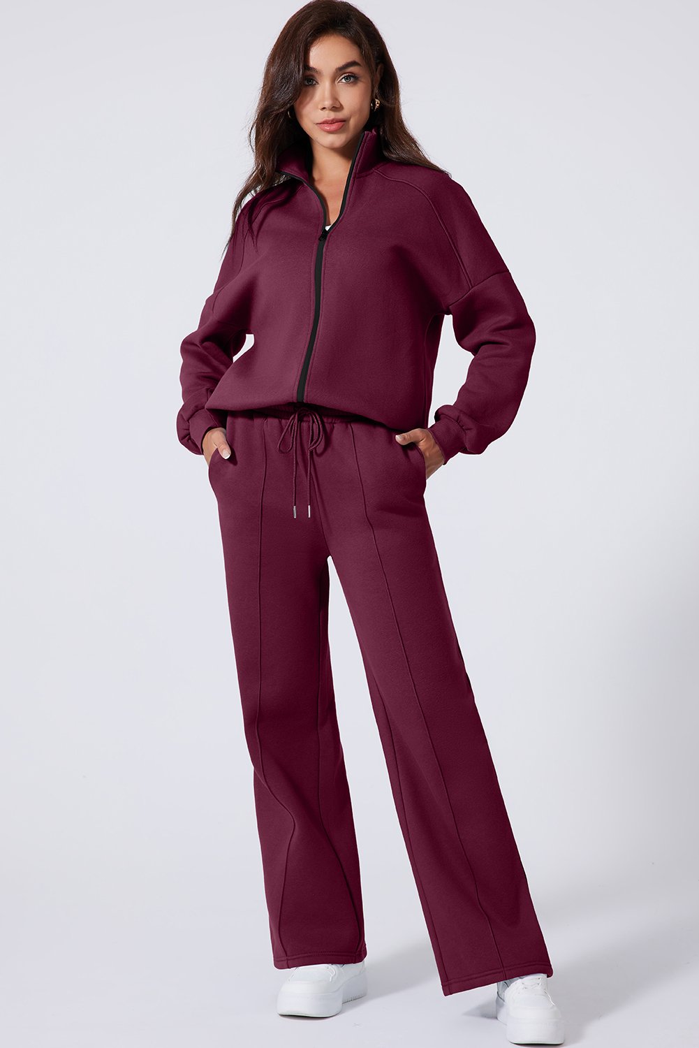 Burgundy Drop Shoulder Zip Up Jacket Drawstring Pants Active 2pcs Set - Image 6