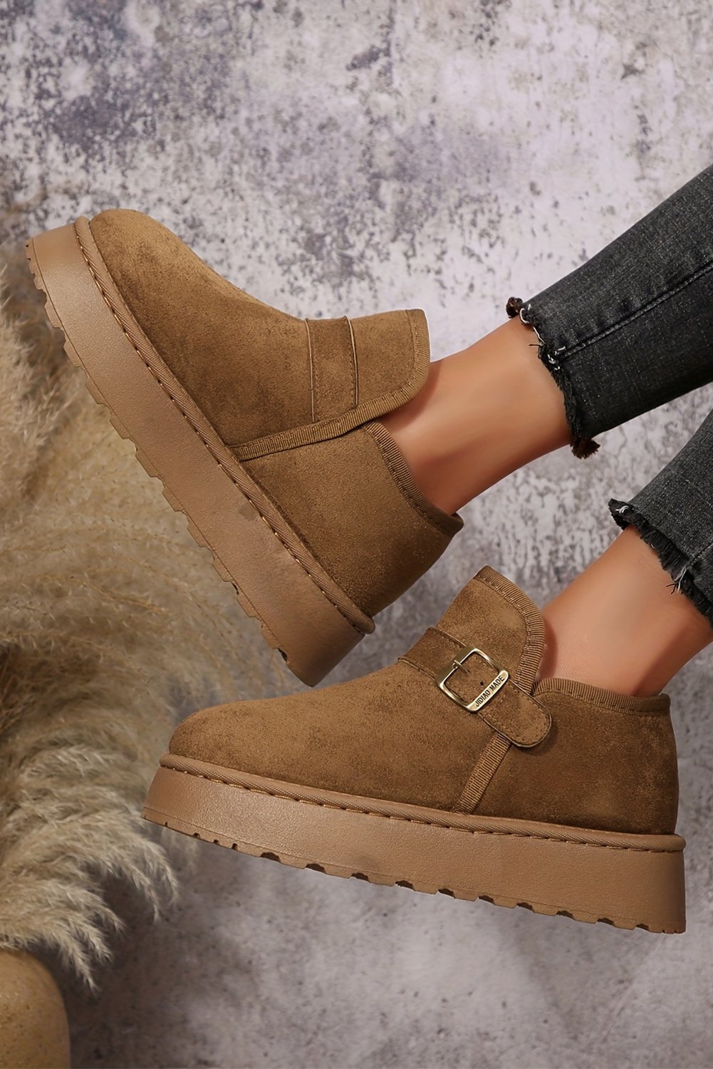 Coffee Buckle Detail Round Toe Platform Cozy Winter Boots - Image 2