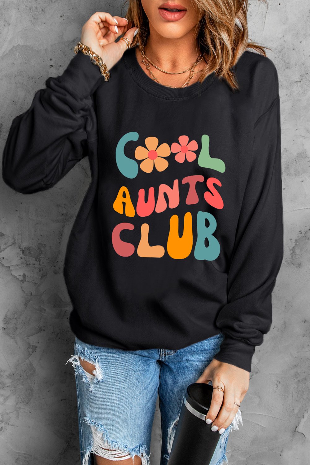 Black Floral COOL AUNTS CLUB Graphic Pullover Sweatshirt - Image 8