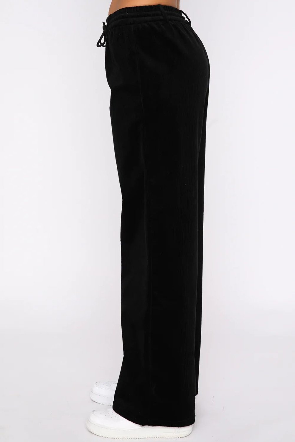 Black Solid Drawstring Waist Wide Leg Pants - Image 5