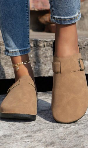 Light French Beige Suede Buckle Detail Slippers