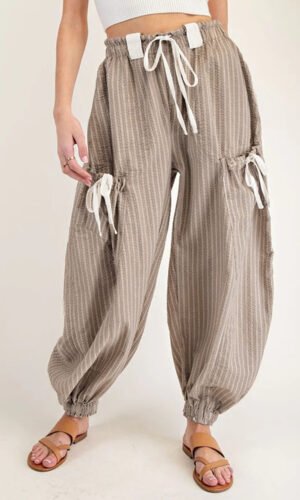 Brown Stripe Drawstring Cargo Jogger Pants with Pockets