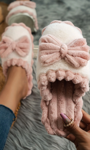 Fushia Bow Decor Color Block Ribbed Plush Slippers