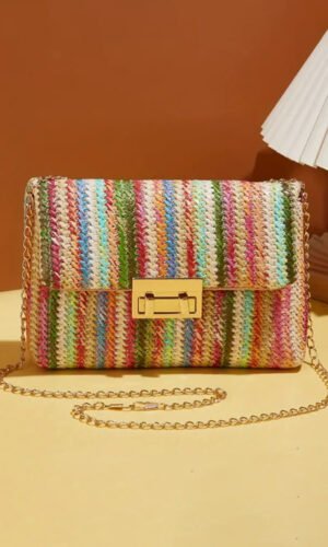 Strawberry Pink Bohemian Woven Gold Chain Shoulder Bag