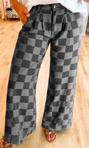 Dark Grey Checkered Denim Wide Leg Jeans