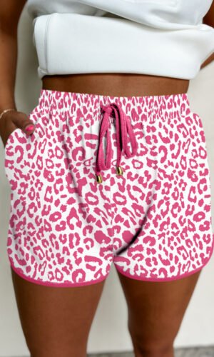 Pink Leopard Elastic Waistband Lace up Contrast Trim Casual Shorts