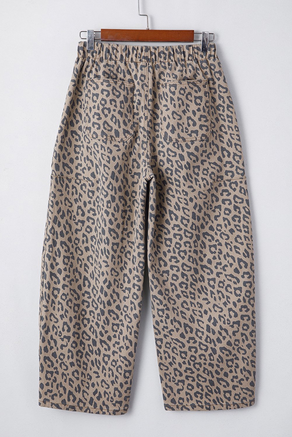 Khaki Leopard Printed Drawstring Elastic Waistband Pocketed Wide Leg Jeans - Image 4