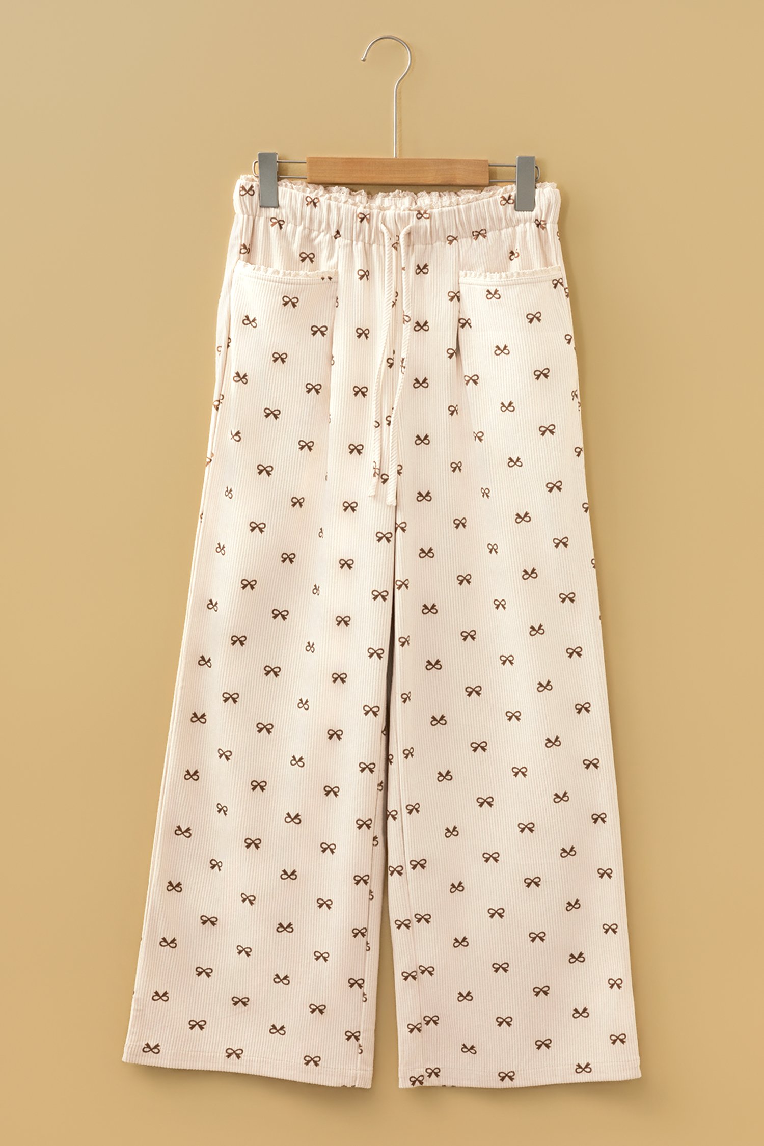 Apricot Bow Print Drawstring Elastic Waist Loose Corduroy Pants - Image 7