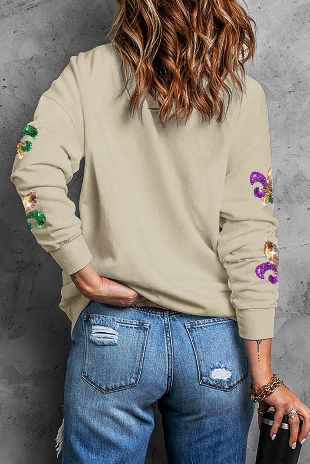 Khaki Sequin Mardi Gras Graphic Pullover Sweatshirt - Image 3