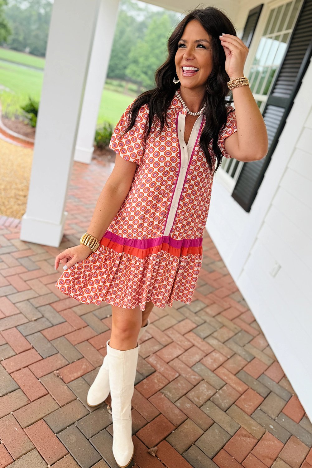 Orange Geometric Floral Print Color Block Trim Button Front Ruffle Hem Dress - Image 4
