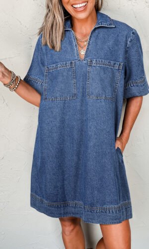 Blue Short Sleeve Collared Patched Pocket Denim Mini Dress