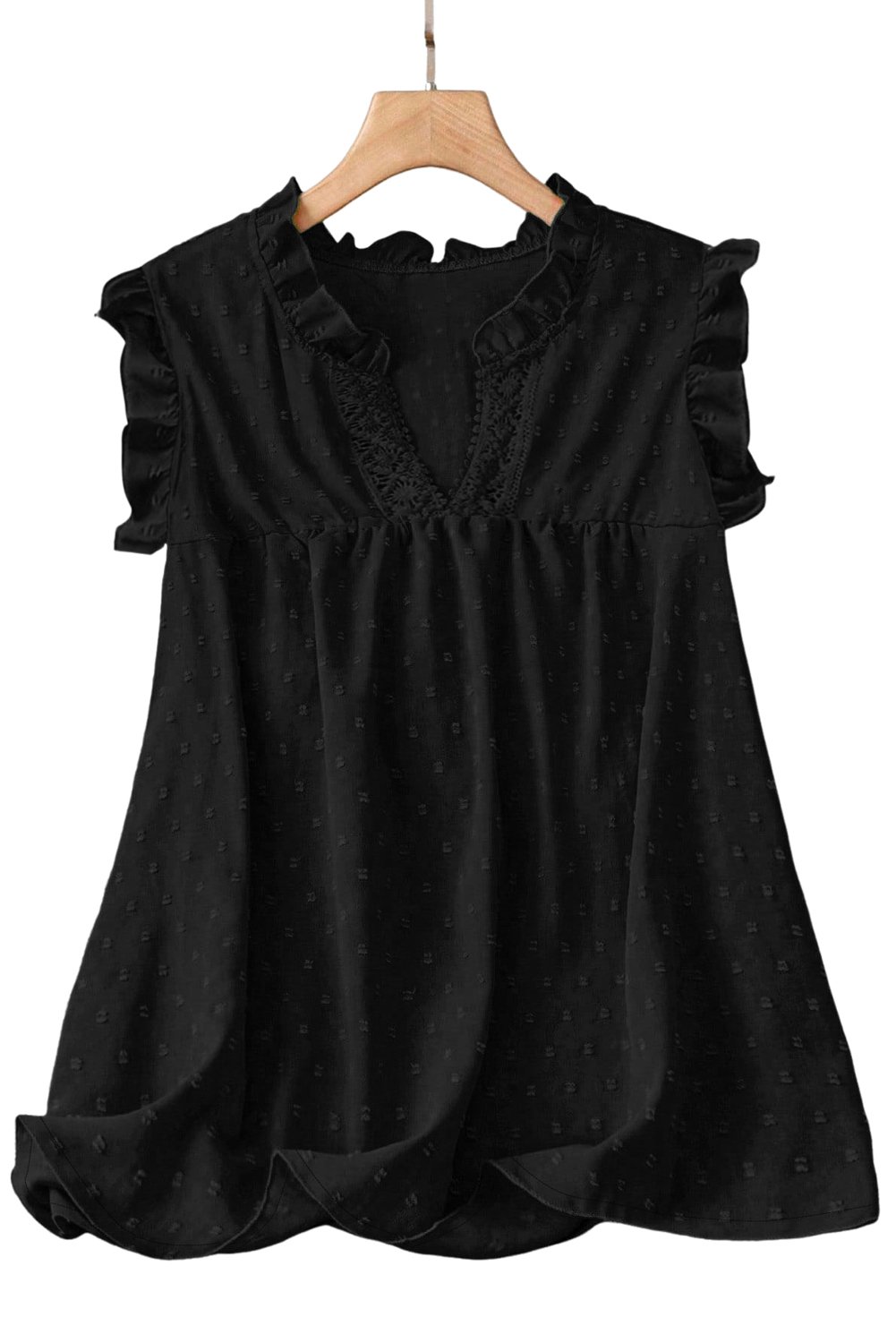 Black Plus Size Swiss Dot Ruffle Lace Trim V Neck Tank Top - Image 4