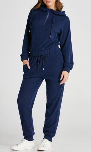 Navy Blue Ribbed Knit Cropped Hoodie and Drawstring Joggers Set