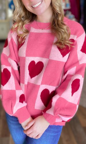 Pink Love Heart Checkered Valentine Crew Neck Sweater