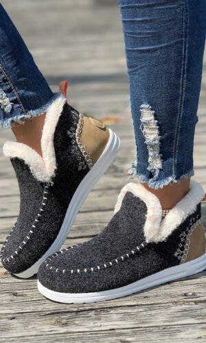 Carbon Grey Suede Stitching Patchwork Plush Lined Anklet Boots