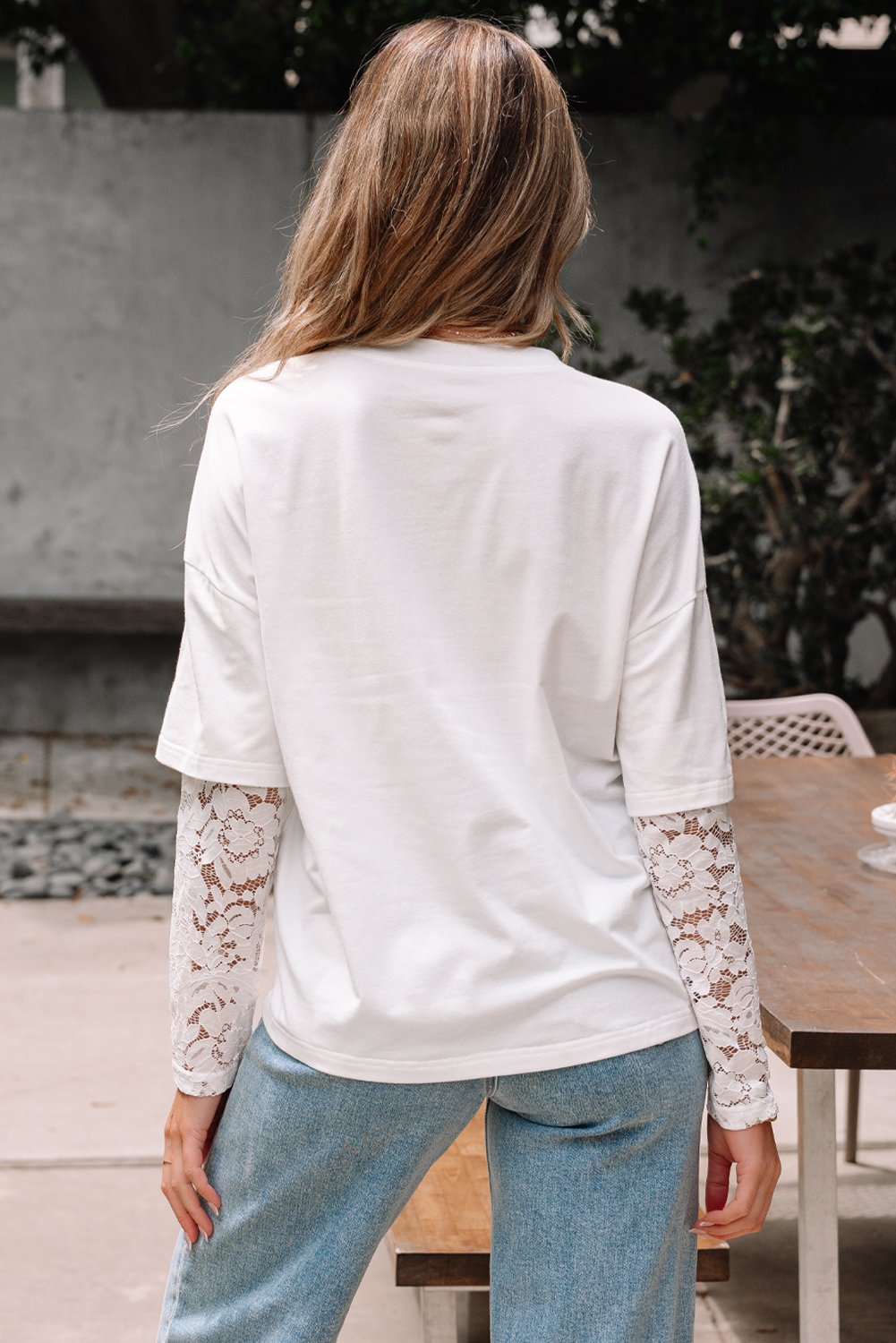 White Lace Long Sleeve Insert Drop Shoulder Tee - Image 2