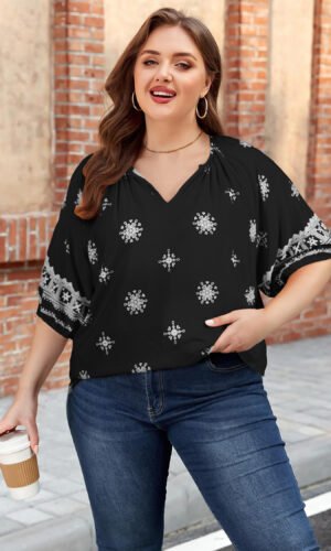 Black Boho Chic Notched V Neck Plus Floral Short Sleeve Top