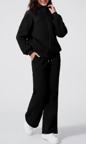 Black Drop Shoulder Zip Up Jacket Drawstring Pants Active 2pcs Set