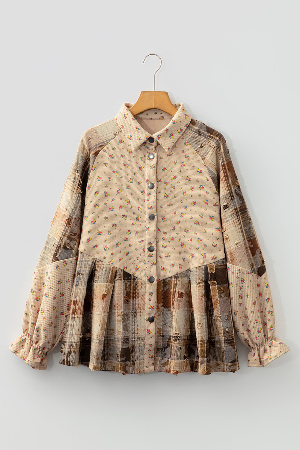 Oatmeal Boho Floral Plaid Patchwork Distressed Detail Ruffled Sleeve Waffle Knit Shacket - Image 5