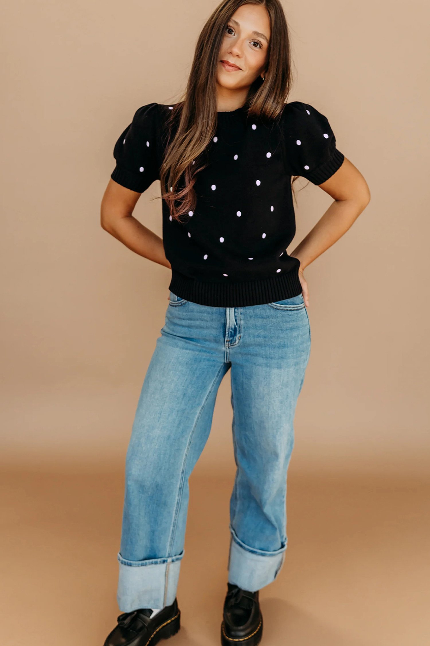 Black Elegant Polka Dot Bubble Short Sleeve Sweater - Image 4