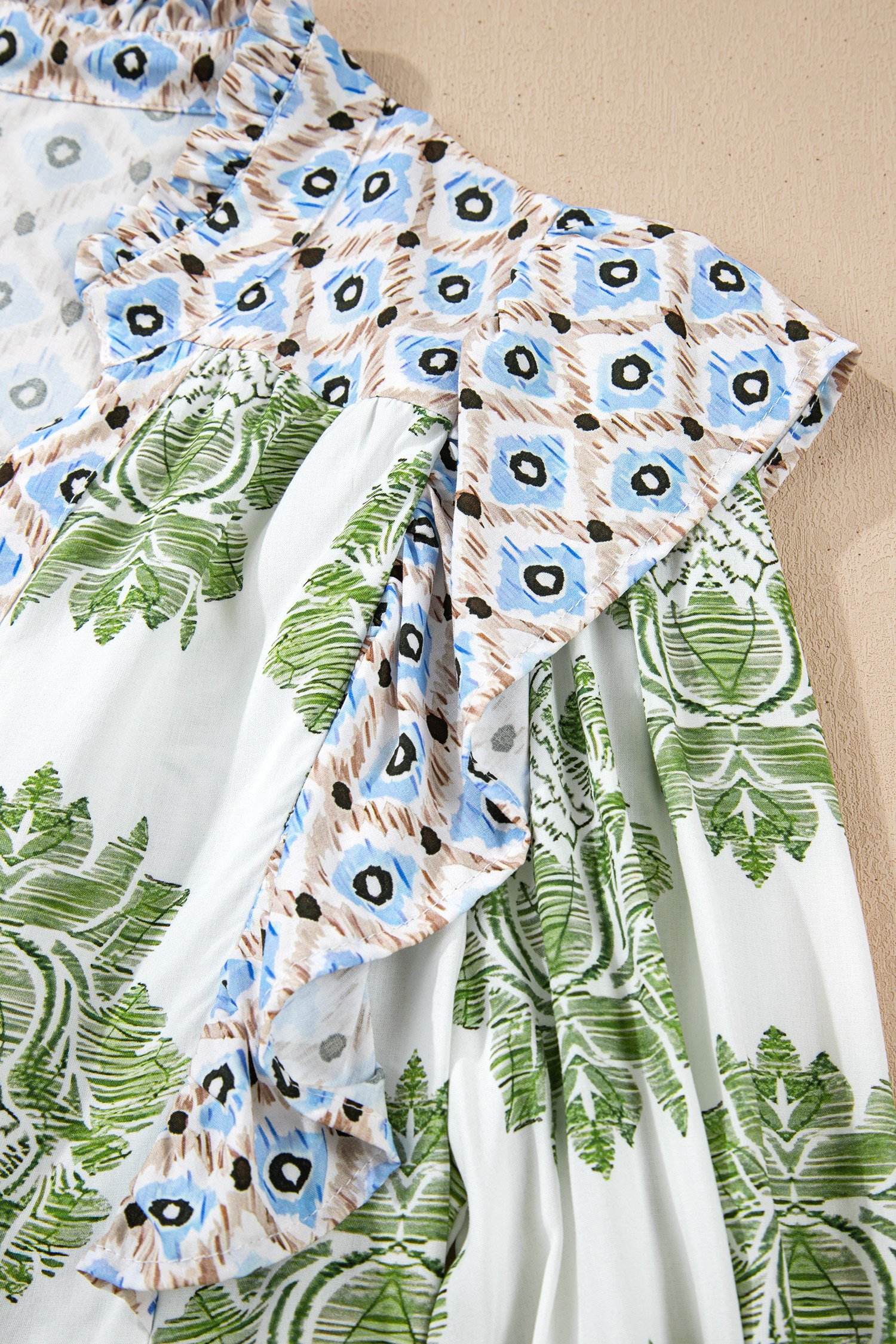 Green Floral Print Contrast Patchwork Ruffle Detail Mini Dress - Image 15