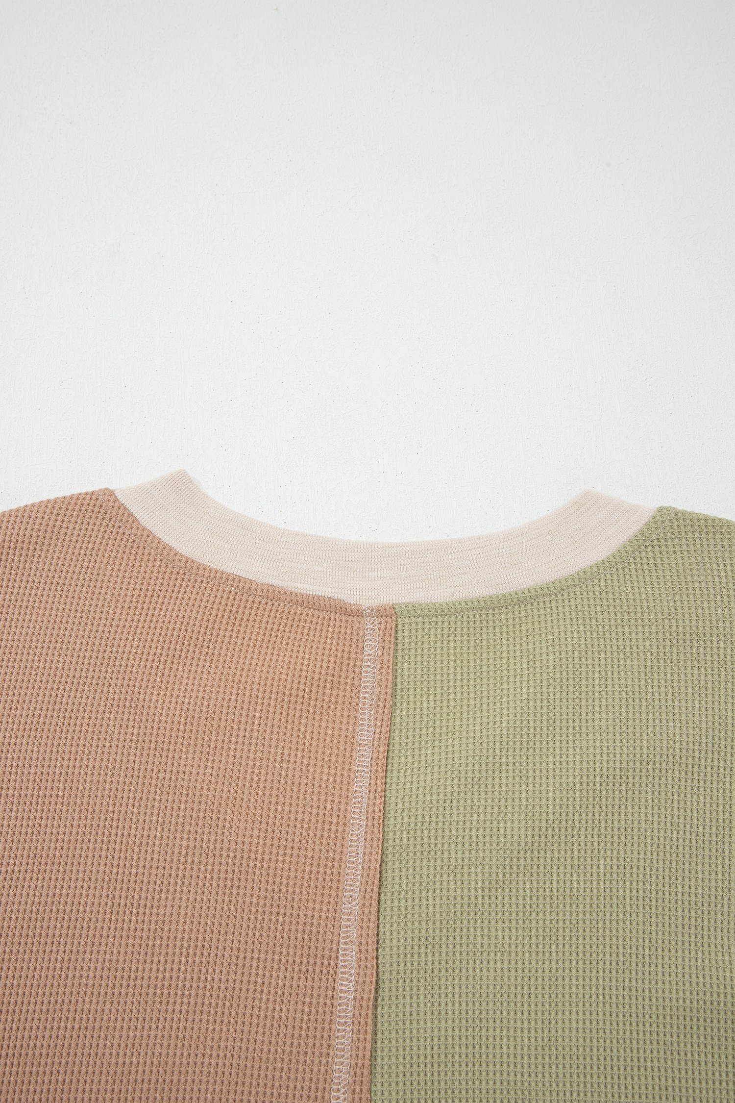 Green Plus Mixed Texture Color Block Patchwork V Neck Long Sleeve Top - Image 7