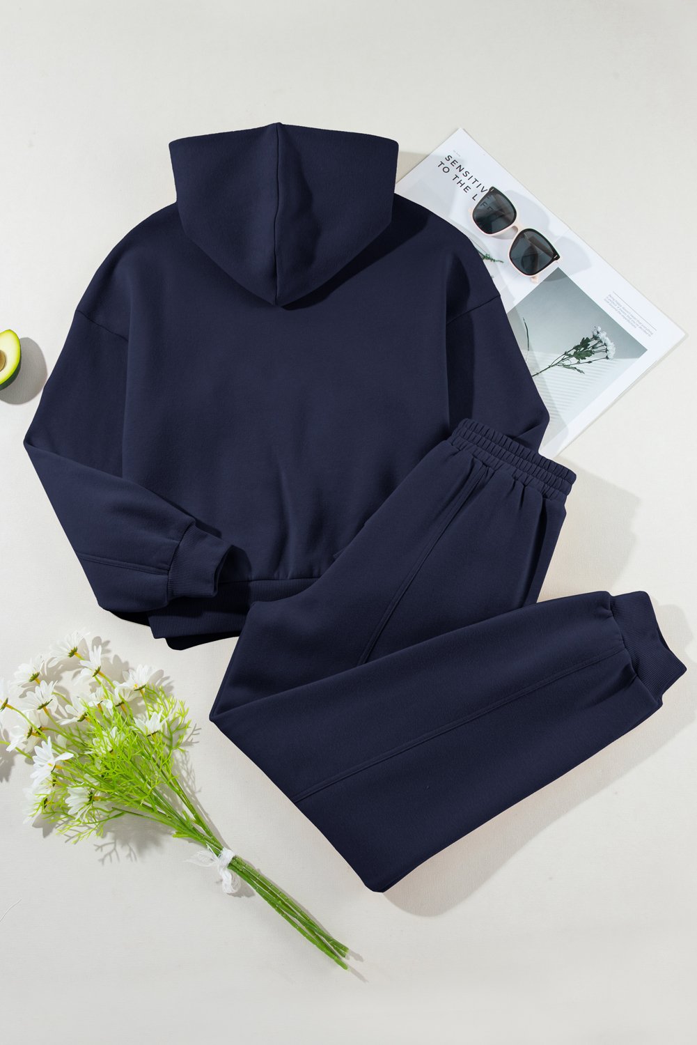 Navy Blue Solid Exposed Seams Hoodie and Joggers Activewear Set - Image 6