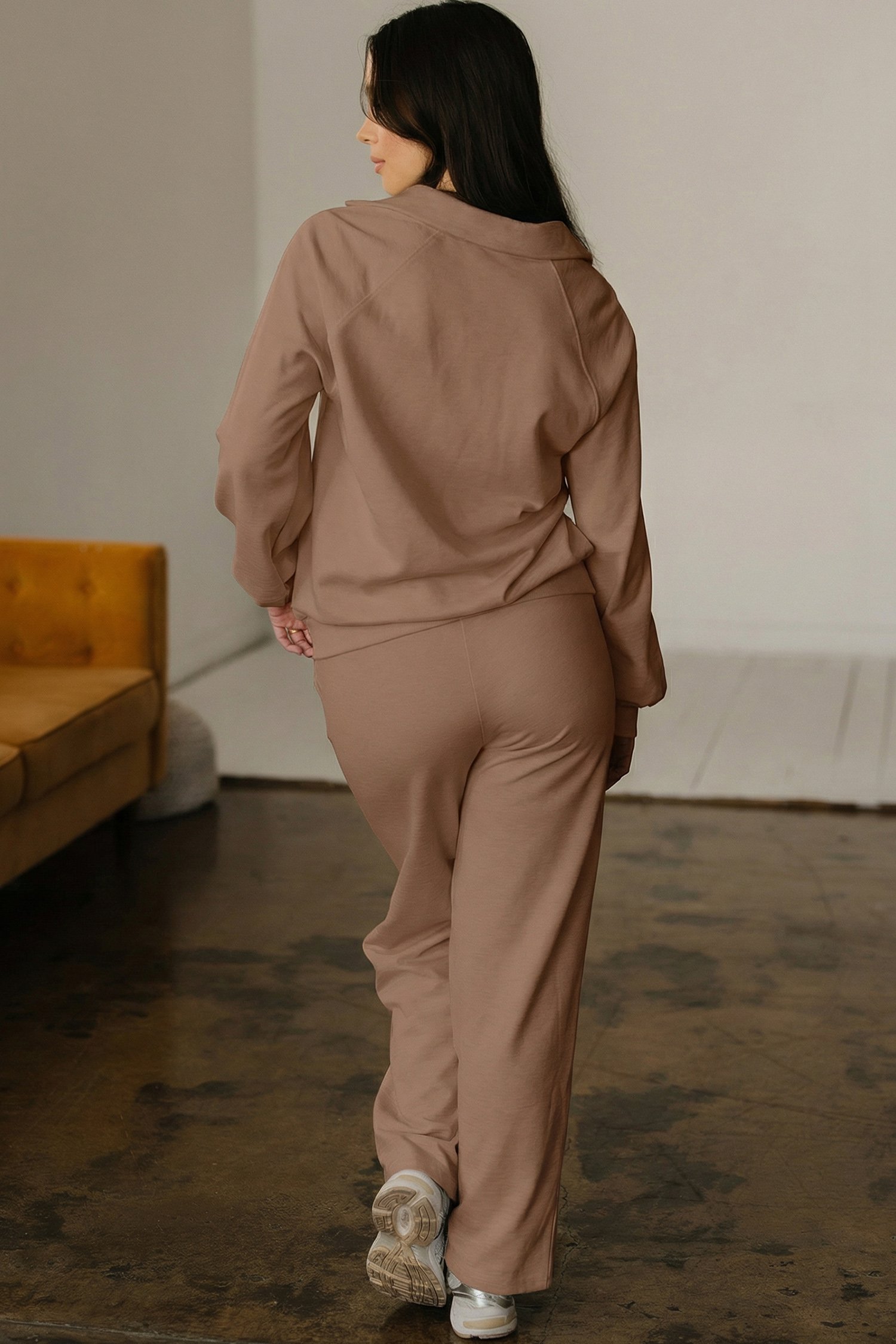 Dark Khaki Polo Collar V Neck Pullover and Drawstring Sweatpants Set - Image 10