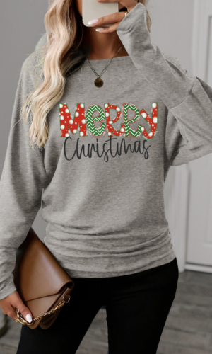 Light Grey Merry Christmas Graphic Extended Cuffs Dolman Long Sleeve Top