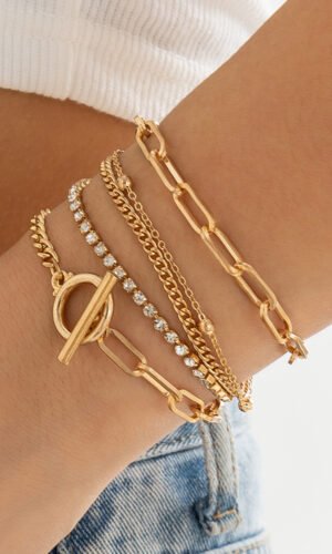 Gold Multi Layered Rhinestone Plated Chain Bracelet Set