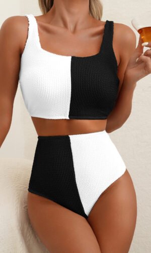 Color Black Corded Colorblock Square Neck Bikini Swimsuit