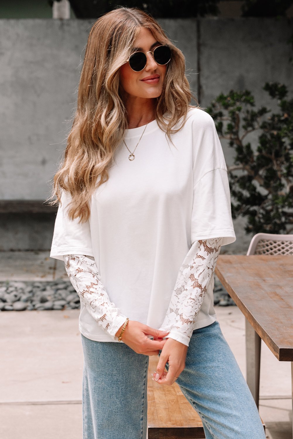White Lace Long Sleeve Insert Drop Shoulder Tee - Image 4